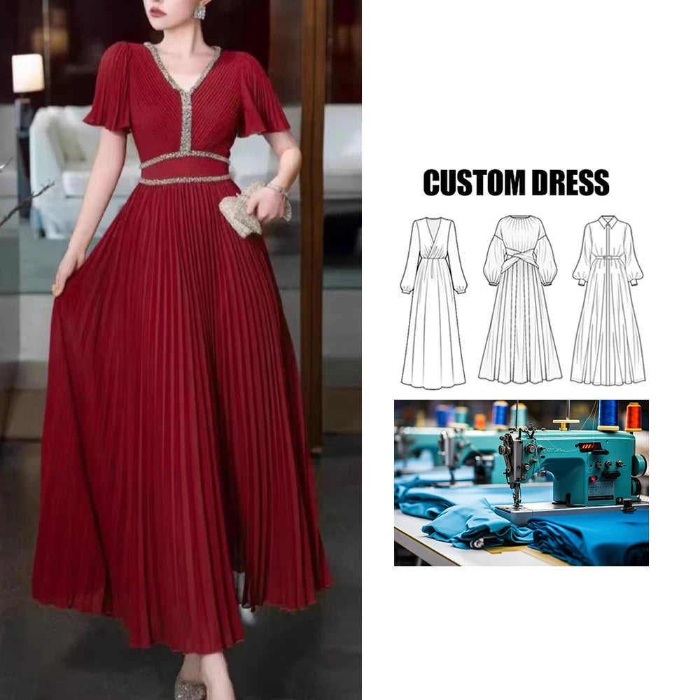 Luxury Elegant Chiffon Maxi Dress Custom Brand One Size V-Neck Casual Style Pleated Solid Color Digital Printing Woven Plus Size