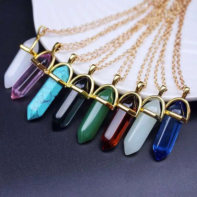 Vintage Single-pointed Hexagon Crystal Healing Stone Jewelry Necklace Chakra Stone Bullet Shape Pendant Necklace