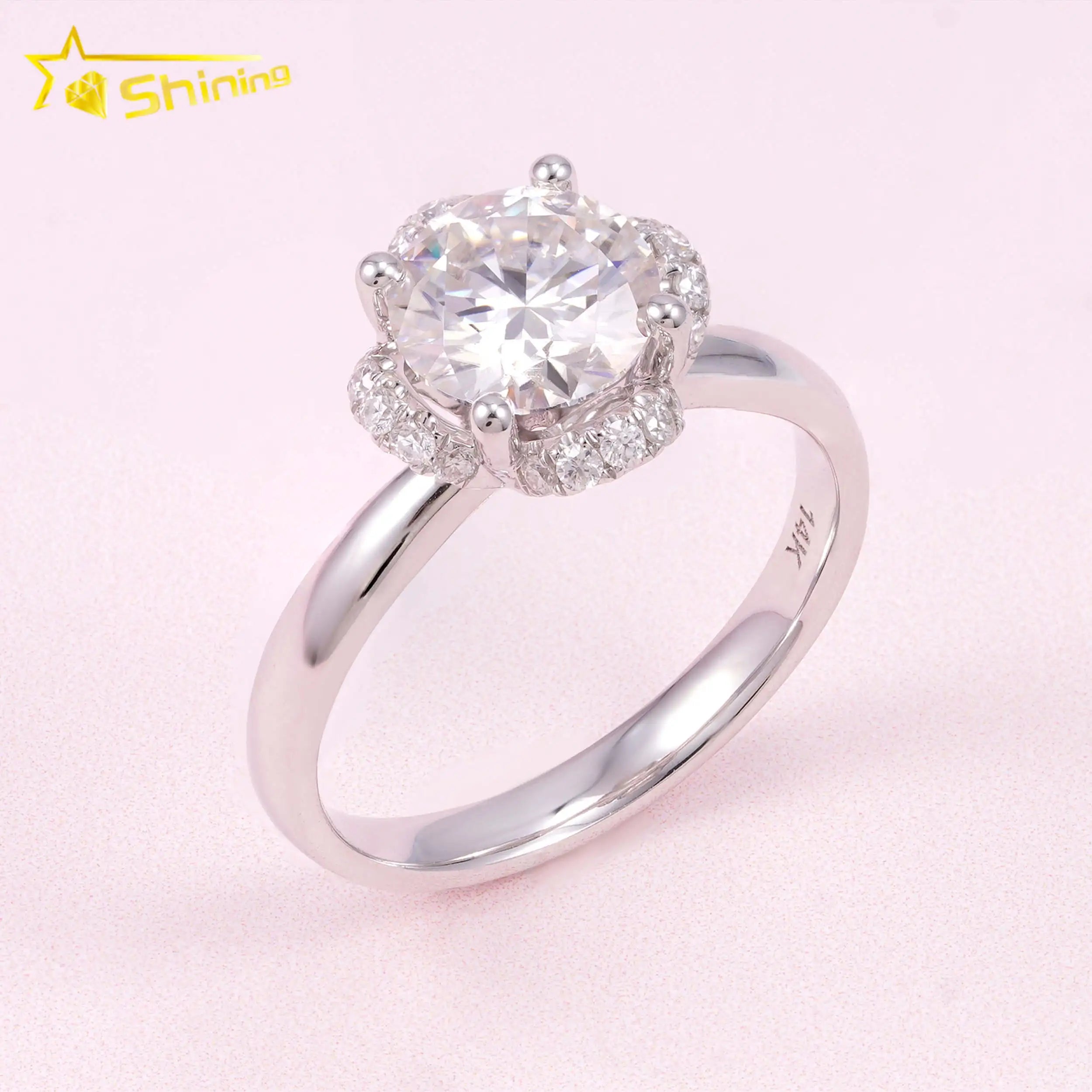 New Design Flower Shape Certified 1ct Center Stone 14k Solid Lab Diamond Women Engagement Wedding Moissanite Ring