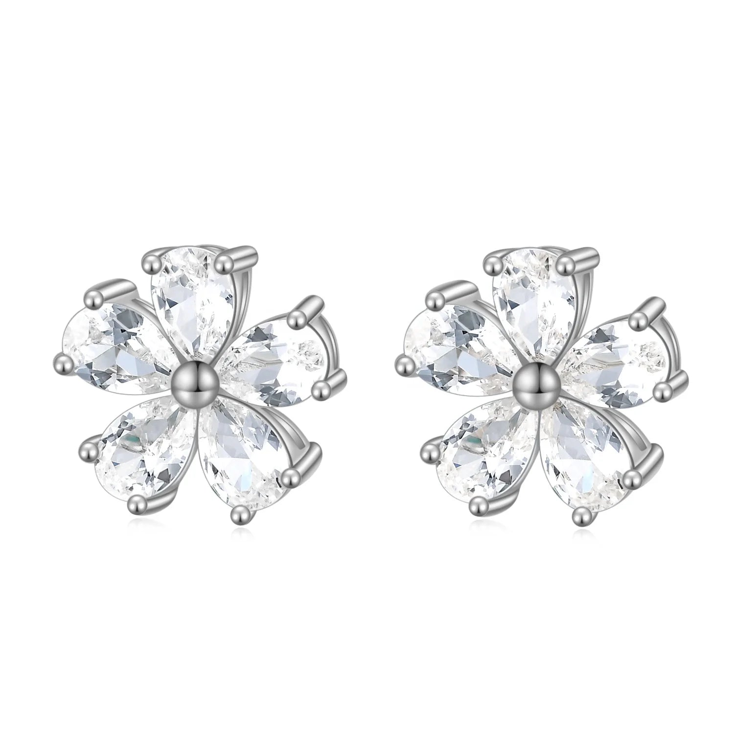 A003E3 Abiding Classic Five-petaled Pear Cut Lab Grown White Sapphire 925 Silver Flower Shape Stud Earrings for Ladies Girls