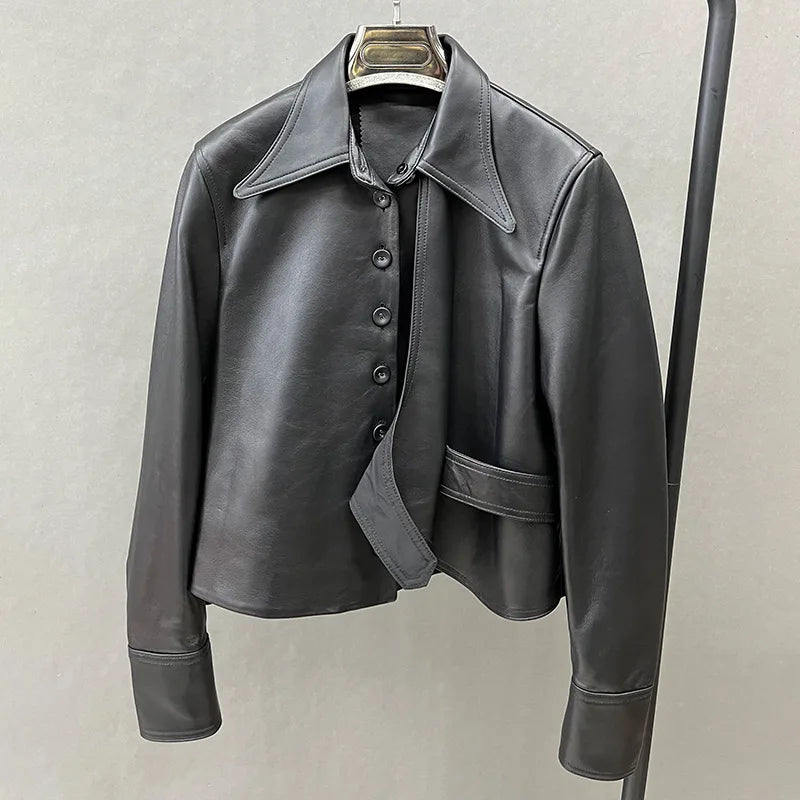 Wholesale Custom Fashion Black Crop Women Real Sheepskin Leather Jacket