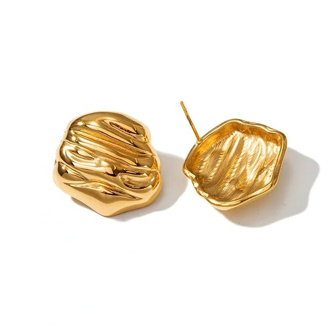 Stainless Steel PVD 18K Gold Irregular Geometric Rectangular Pleated Texture Stud Earrings Fashion Jewelry Earrings for Women