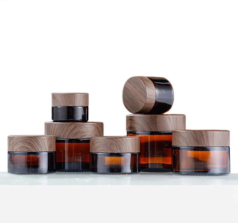 10g 30g 50g Brown Amber Glass Cosmetic Cream Jars Pots Wood-Grain Plastic Lid Screw Cap Travel Makeup Containers Body Butter Jar