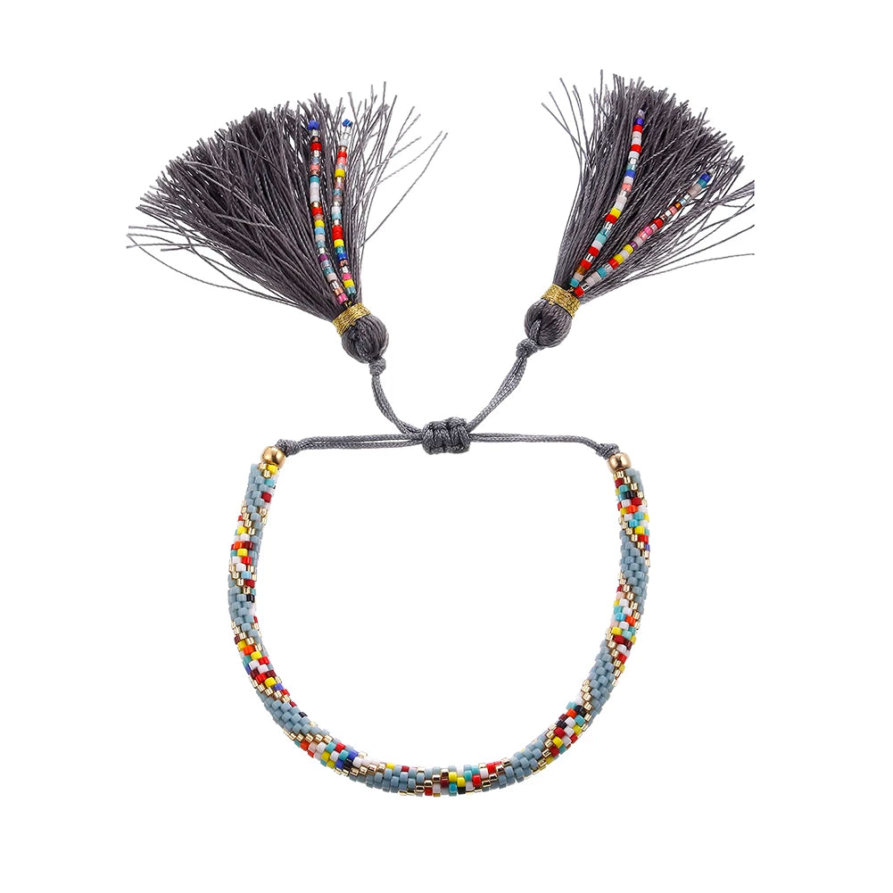 Handmade Jewelry Rainbow Colors Bohemian Adjustable Friendship Braided Woven Delicate Miyuki Seed Bead Tassel Bracelet