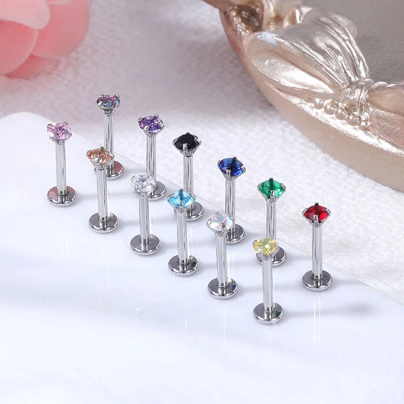 Popular Titanium Body Jewelry 16g Round Labret Lip Piercing Ear Studs with Cubic Zirconia Gem and Pearl Claw Setting