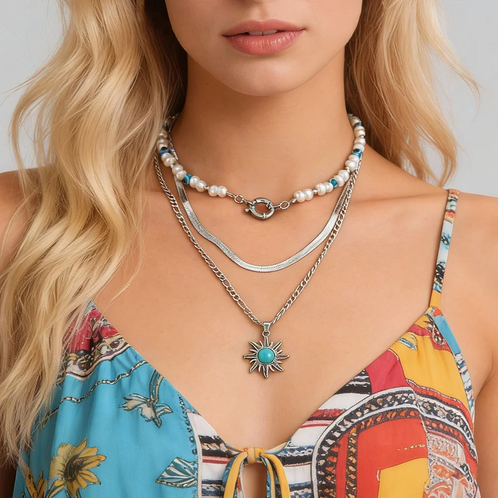 Trendy Stacked Flat Snake Choker Sunflower Pendant Necklace Set for Women Punk Ladies Acrylic Eye Bead Necklaces Fashion Jewelry