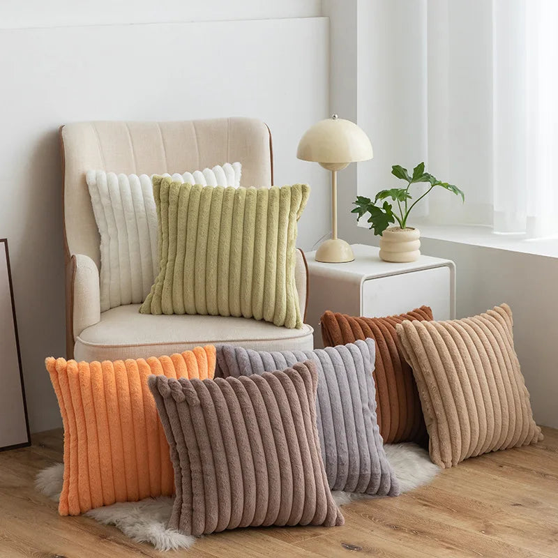 16X16 Faux Fur Plush Decorative Throw Pillowcase Fuzzy Striped Soft Cushion Covers Sofa Couch Bedroom