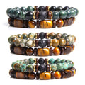 New Arrivals 2pcs Set Men's 8mm Natural Lava Stone Beaded Bracelet Stretch Healing Energy Tiger Eye Bracelet