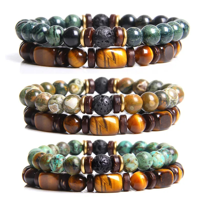 New Arrivals 2pcs Set Men's 8mm Natural Lava Stone Beaded Bracelet Stretch Healing Energy Tiger Eye Bracelet