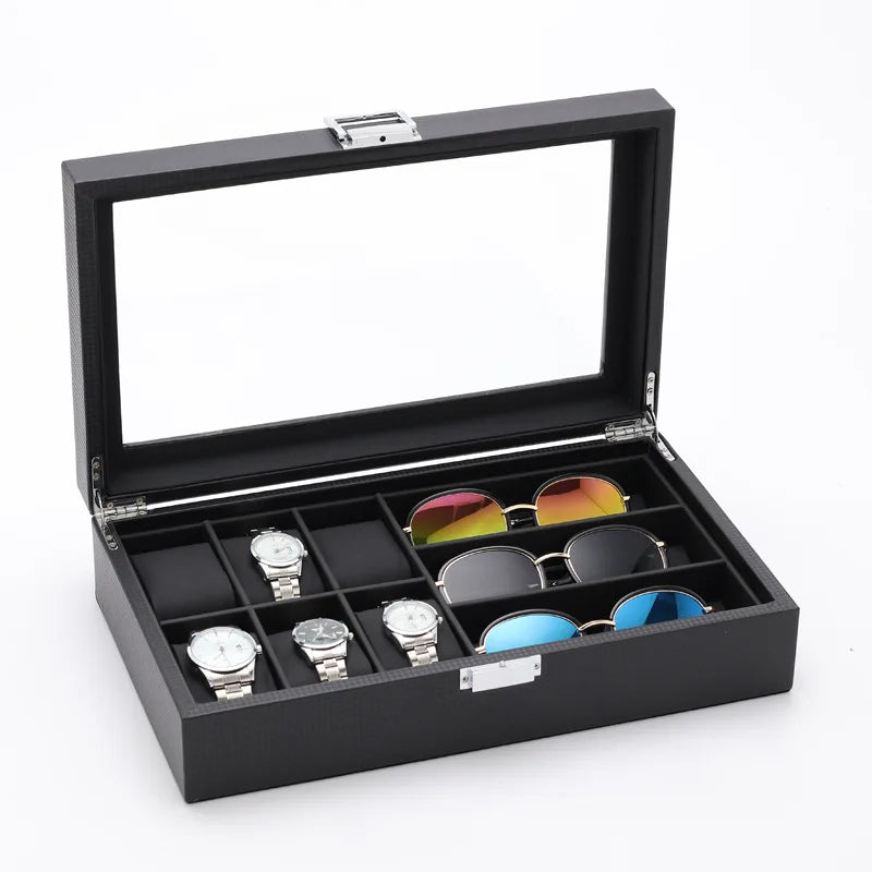 PU Leather Carbon Fiber Watch Glasses Eyewear Spectacles Storage Show Display Case Box