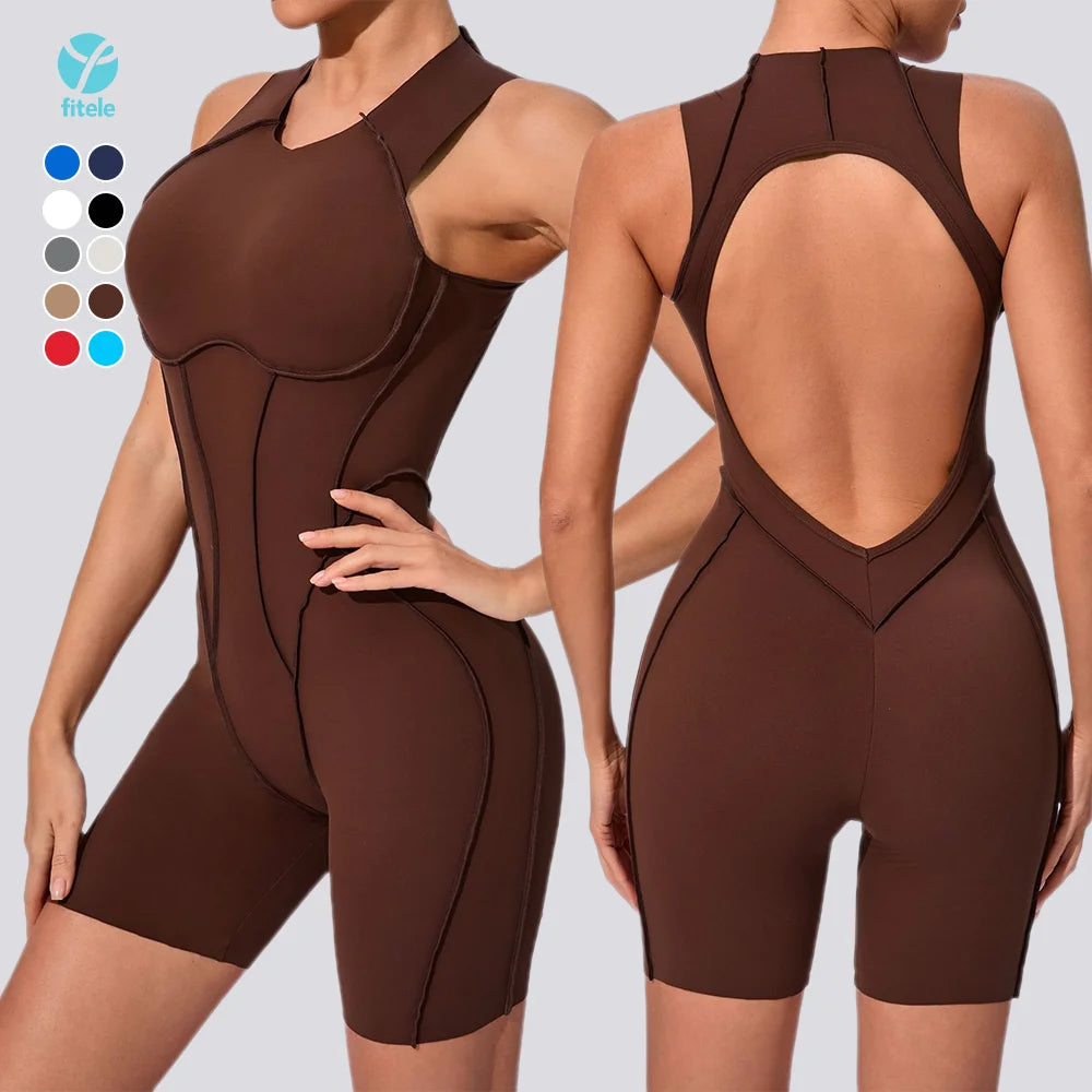 2025 Women's Sports Jumpsuit with Open Back Design Breathable Shorts Catsuit Sculpted Silhouette Sports Bodysuit