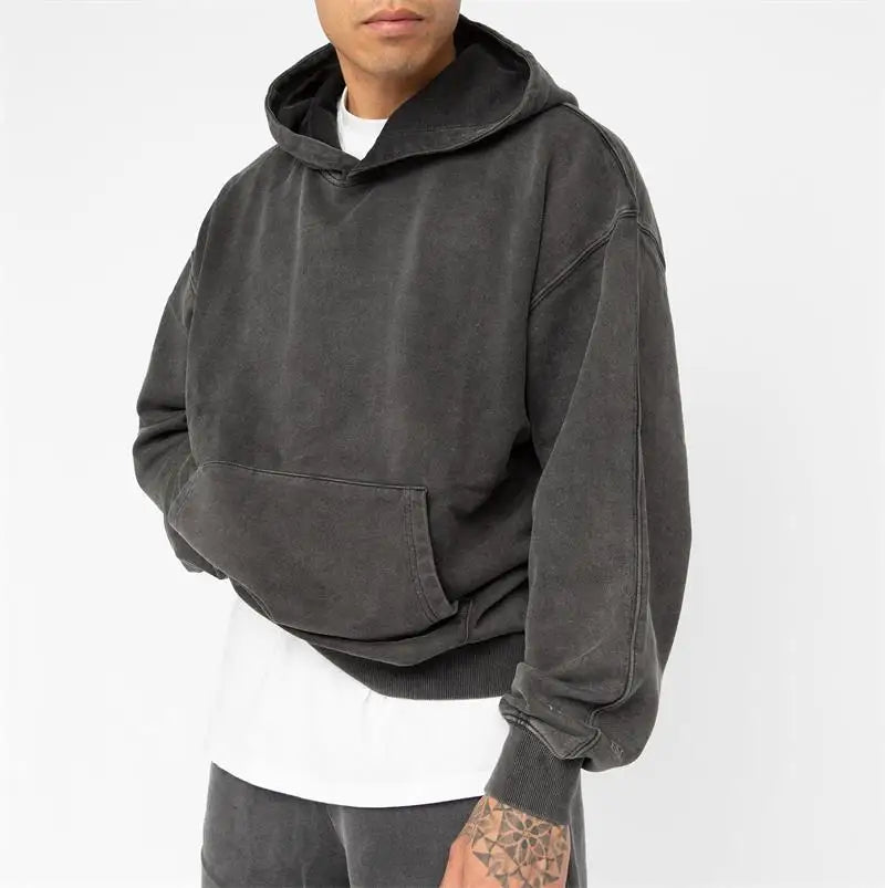 Yali OEM Distressed Crop Hoodies Mens Acid Wash Stringless Heavyweight 100 % Cotton Hoodie