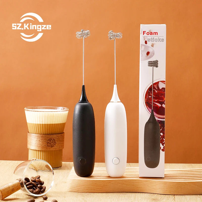 Kingze Coffee Accessories Battery Operated Automatic Egg Beater Classic Black White Portable Handheld Electric Milk Frother