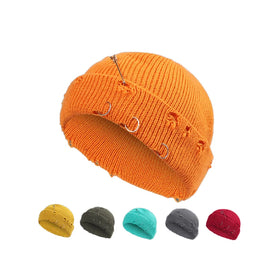 Fashion Trendy Personalized Iron Ring Pins With Broken Holes Hip Hop Hat Distressed Beanie Unisex Warm Knit Beanie Hat