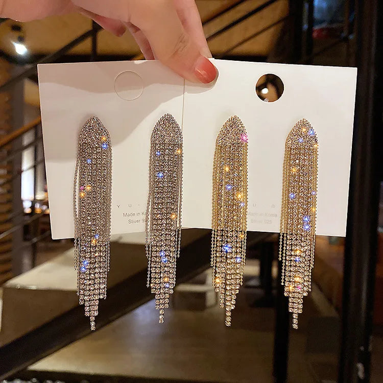 Hot Sale Rhinestone Geometric Earrings European and American Fashion Long Tassel Bling Earrings for Women