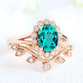Beautiful Halo Women's S925 Gold Oval Lab Grown Paraiba Tourmaline Engagement Ring Set Floral Ring Set for Wife Bridal Rings