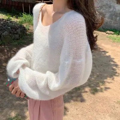 7 Color  Women Lady  V-neck Sweater  Loose   Autumn  Puff Sleeve Pullover  Solid Color