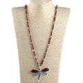 Fashion Bohemian Jewelry 6mm Mix Color Natural Stone Crystal Glass Knotted Necklace Red & Blue Wing Dragonfly Pendant Necklace