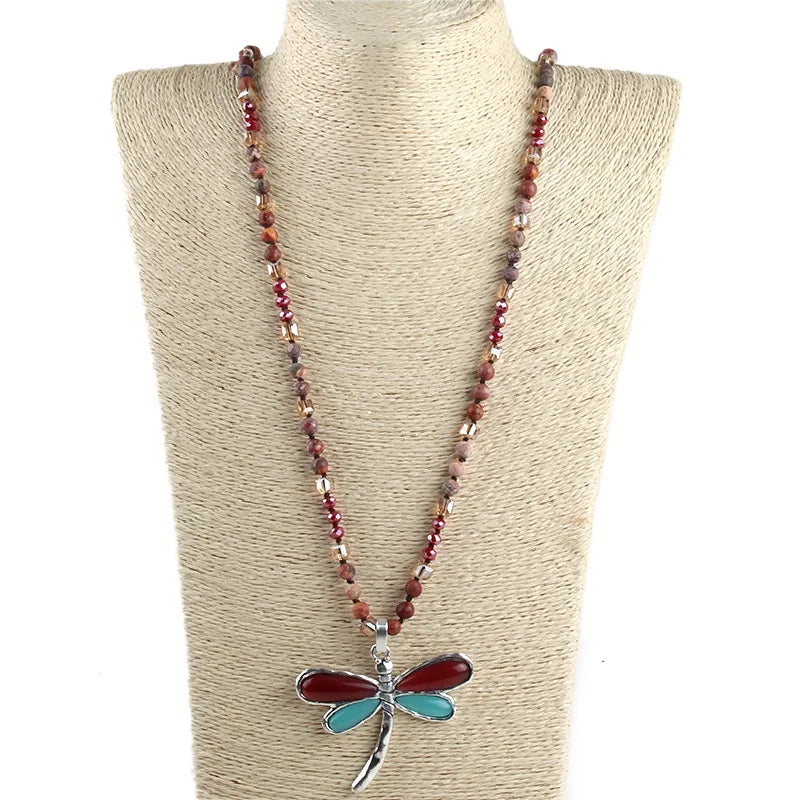 Fashion Bohemian Jewelry 6mm Mix Color Natural Stone Crystal Glass Knotted Necklace Red & Blue Wing Dragonfly Pendant Necklace