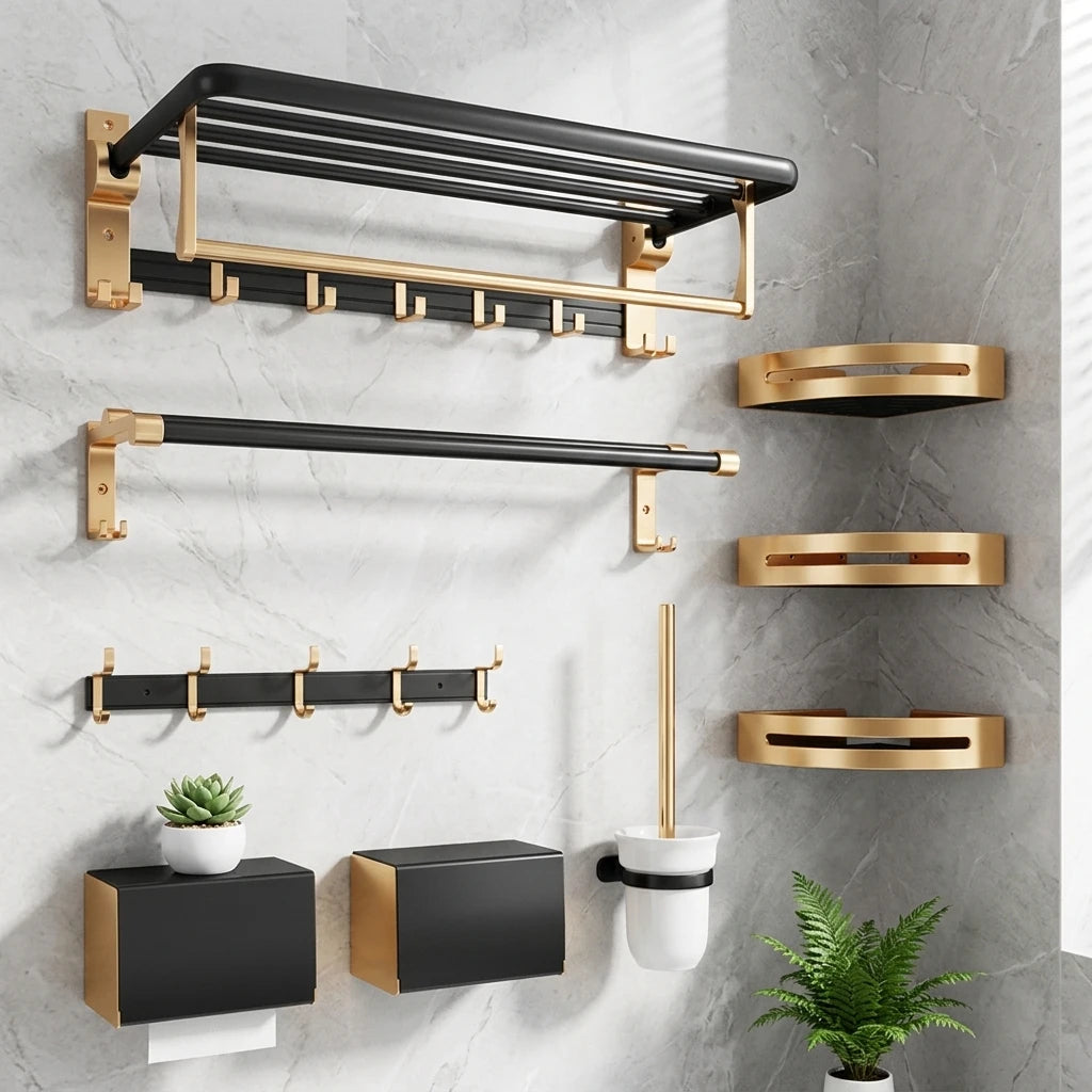Modern Multi-Function Corner Stainless Steel Towel Shelf Set Wall-Mounted Hooks Eco-Friendly Space-Saving Storage Bathroom