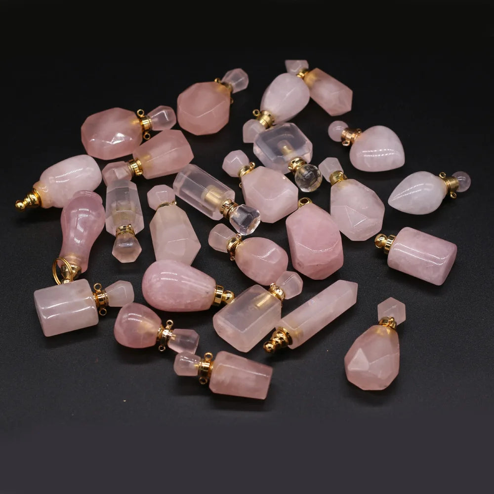 Hongzhuo Gemstone Perfume Bottle Necklace Rose Quartz Natural Crystal Women Necklace  Quartz Essential Oil Diffuser Pendant