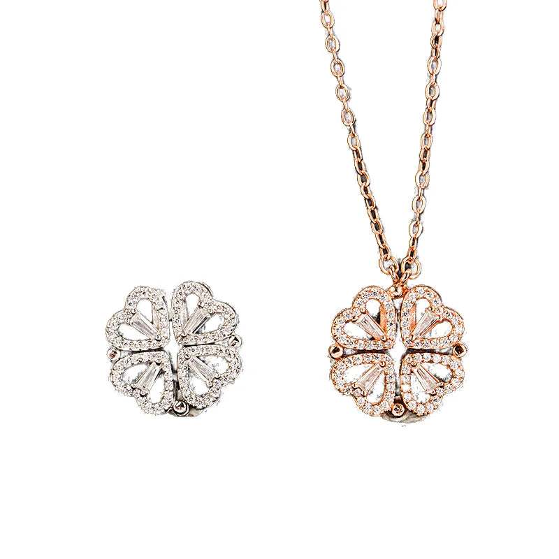 GT 925 Sterling Silver Magnetic Heart Necklace Deformable Clavicle Four Leaf Clover Pendant for Parties Weddings Zircon