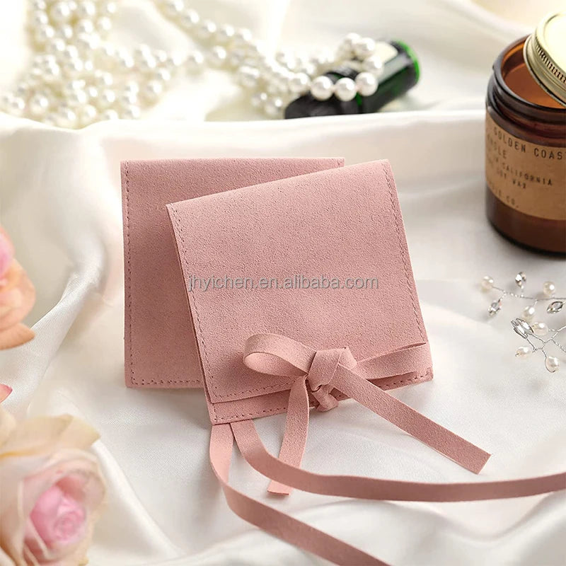 Small Flannel Rosaries Pouch Ribbon Bow Custom Logo Velvet Charms Flap Pouches Recyclable Bag for Necklaces Gems