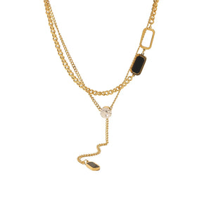 New Design Stainless Steel Rectangular White Zircon Pendant Necklace Ladies 18k Gold Plated Double Layer Chunky Chain Necklace