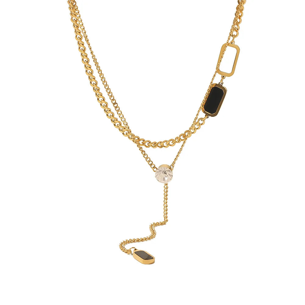 New Design Stainless Steel Rectangular White Zircon Pendant Necklace Ladies 18k Gold Plated Double Layer Chunky Chain Necklace