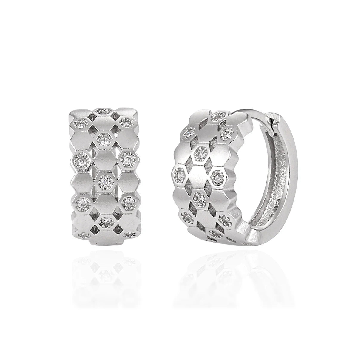 WMET598 S925 Sterling Silver Fashion Temperament Honeycomb Geometric Hoop Earrings with Cubic Zirconia Luxurious Look