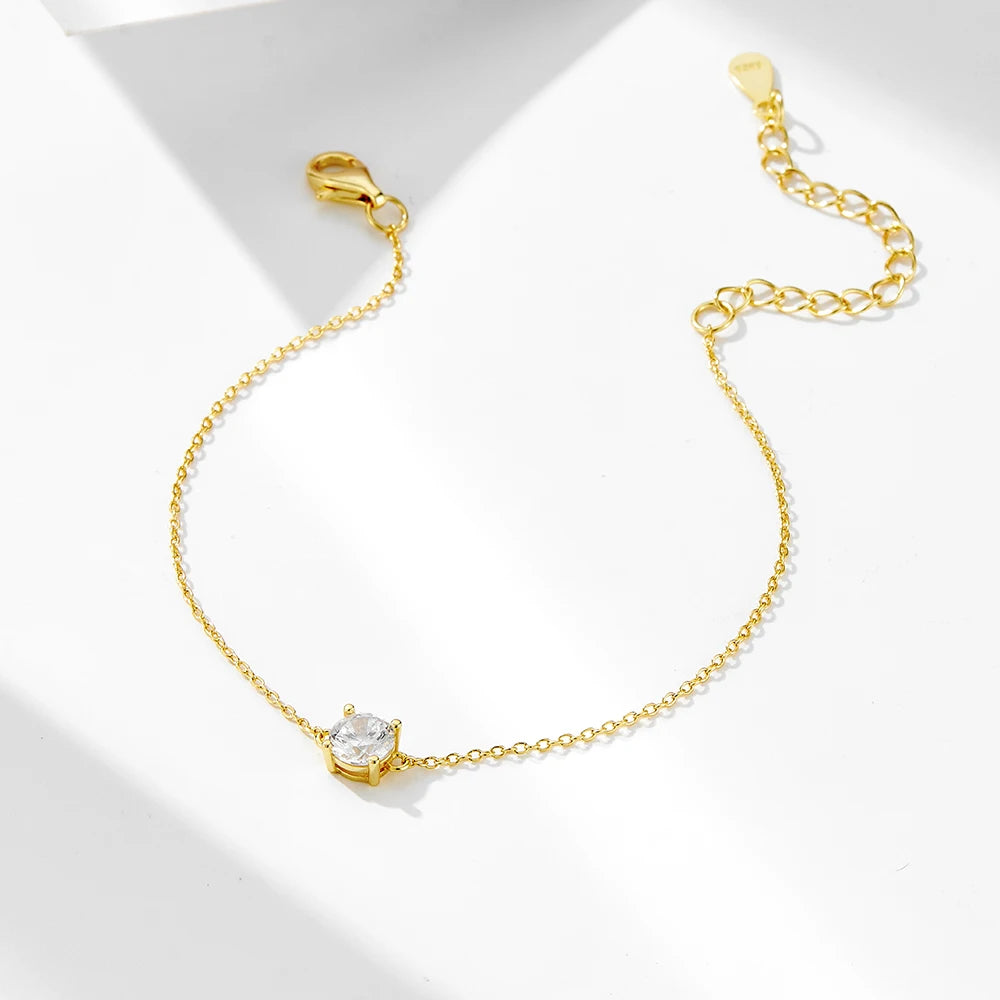 925 Sterling Silver Minimalist Cubic Zirconia Solitaire Fine Bracelet Fashion Personality Gold Plated for Fine Chain Link