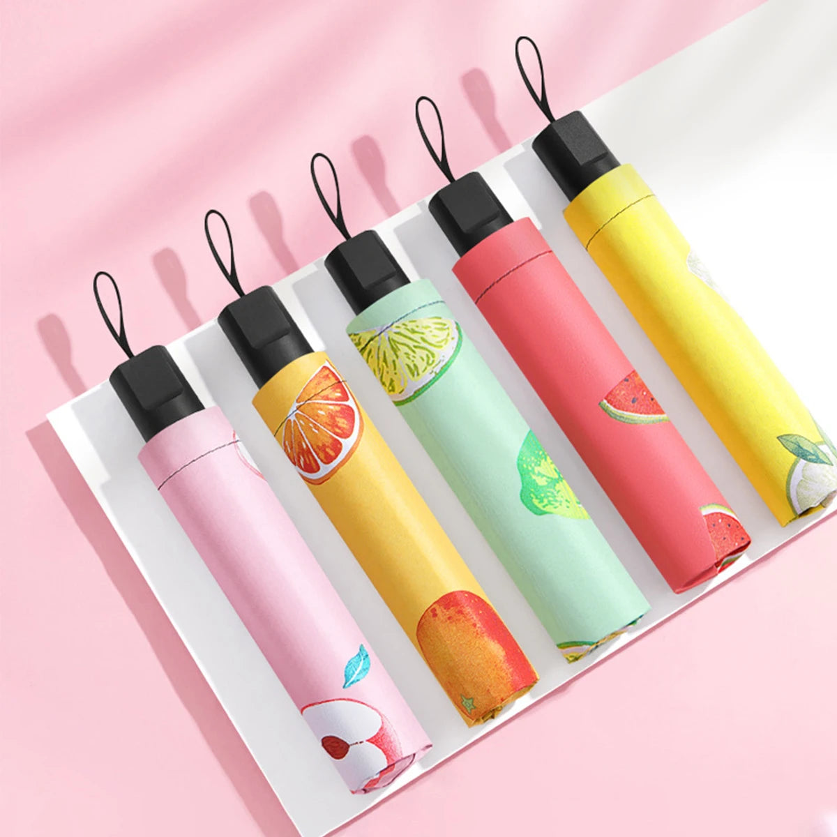 3-Fold Cute Fruit Manual UV Vinyl Sun Umbrella Custom Advertising Enlarger with Plastic Handle Minimalist Design for Travel