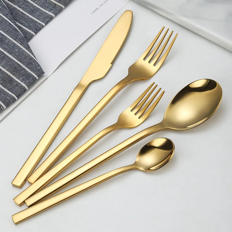 Gold Cutlery Set Stainless Steel Knife Fork Spoon Silverware Cutlery Set Gold Flatware Knife Fork Spoon For Hotel Square Handles