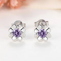 Wholesale Screw Back S925 Silver Cute Flower Leaf Earrings Stud CZ Zircon Inlay Purple Crystal Stud Earrings Jewelry for Girls