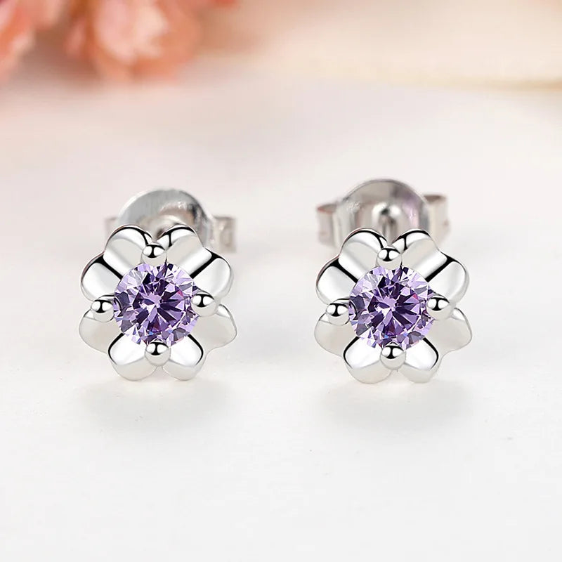 Wholesale Screw Back S925 Silver Cute Flower Leaf Earrings Stud CZ Zircon Inlay Purple Crystal Stud Earrings Jewelry for Girls