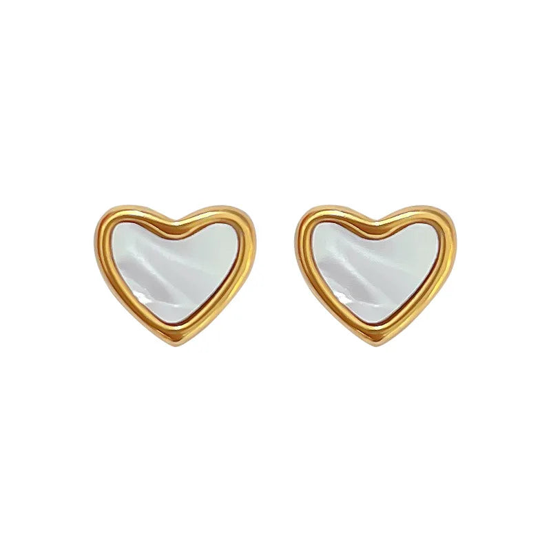 Chic White Shell Heart Shaped Stud Earrings No Fade Gold Plated Stainless Steel Love Heart Earrings Women 2024