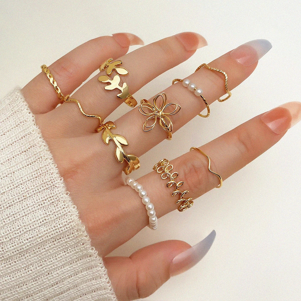 10Pcs/Set Wheat Ear Flower Pearl Ring Sets for Women Jewelry