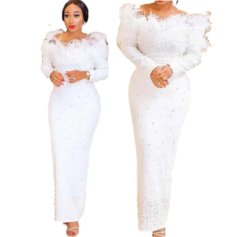 Slim Long Sleeve Nail Maxi Dress Black Party Dress Evening Dress Full Natural Latest Women Off Shoulder Feather Polyester Woven