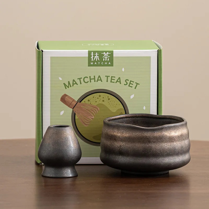 High Quality Matte Black White Porcelain 500ml Eco-Friendly Matcha Bowl with Spout Matcha Ceremony Set with Gift Box