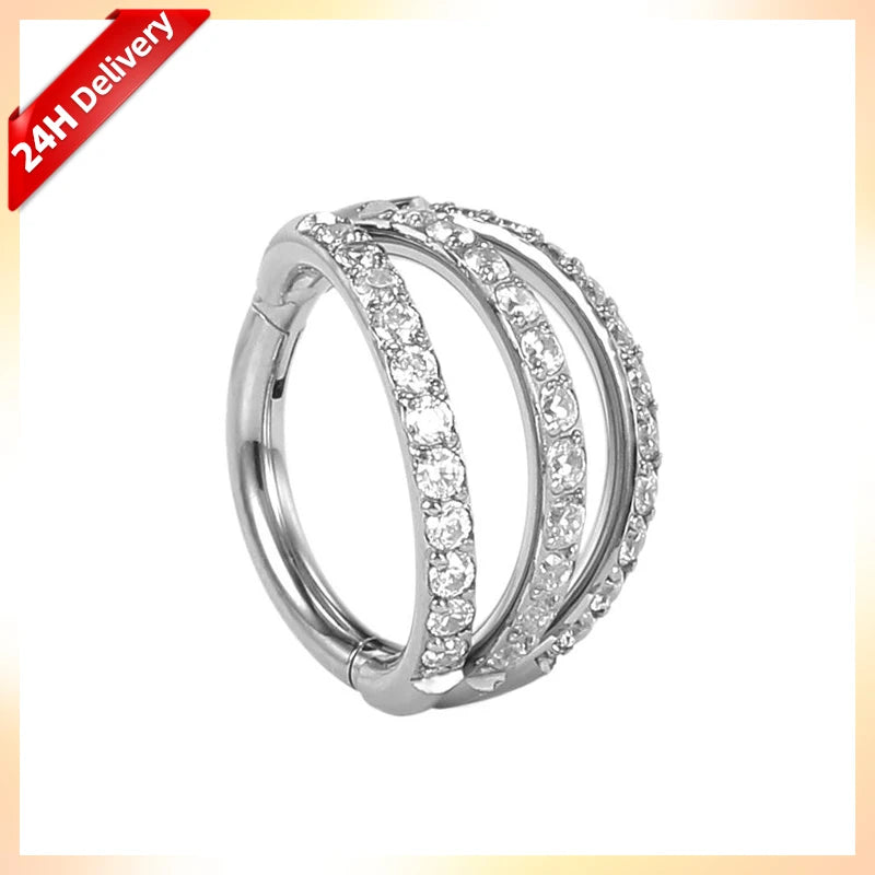 G23 Titanium 3 Row Front Paved CZ Cluster Hinged Segment Nose Clicker Rings Body Piercing