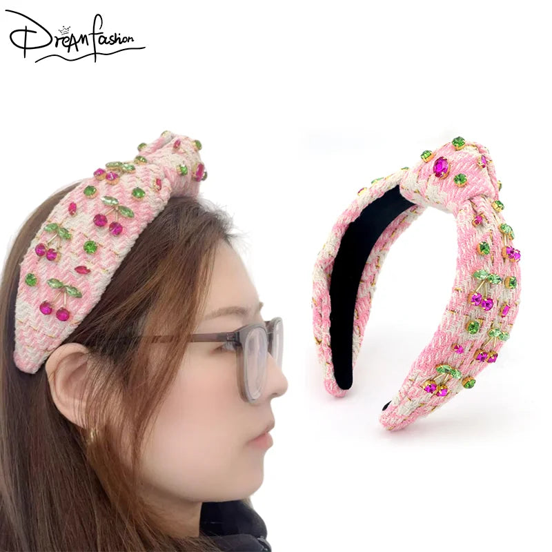 Luxury New Pink Tweed Fabric with Bling Crystal Hair Girls' Headbands with Cherry Shape Fruit Top Knot