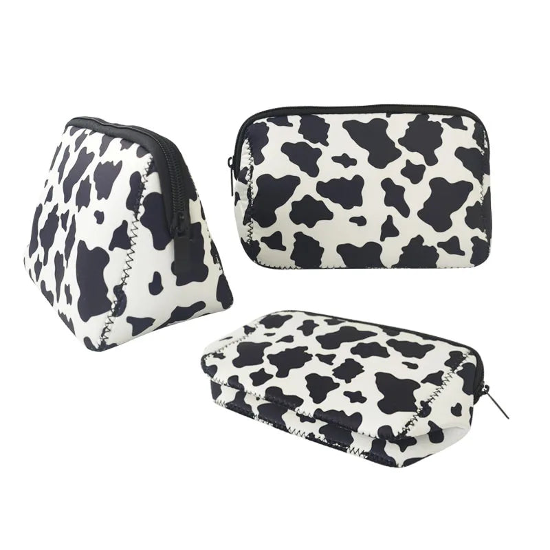 Outdoor Camping Toiletries Storage Pouch Zipper Makeup Bags Cow Print Neoprene Cosmetic Pouch Custom