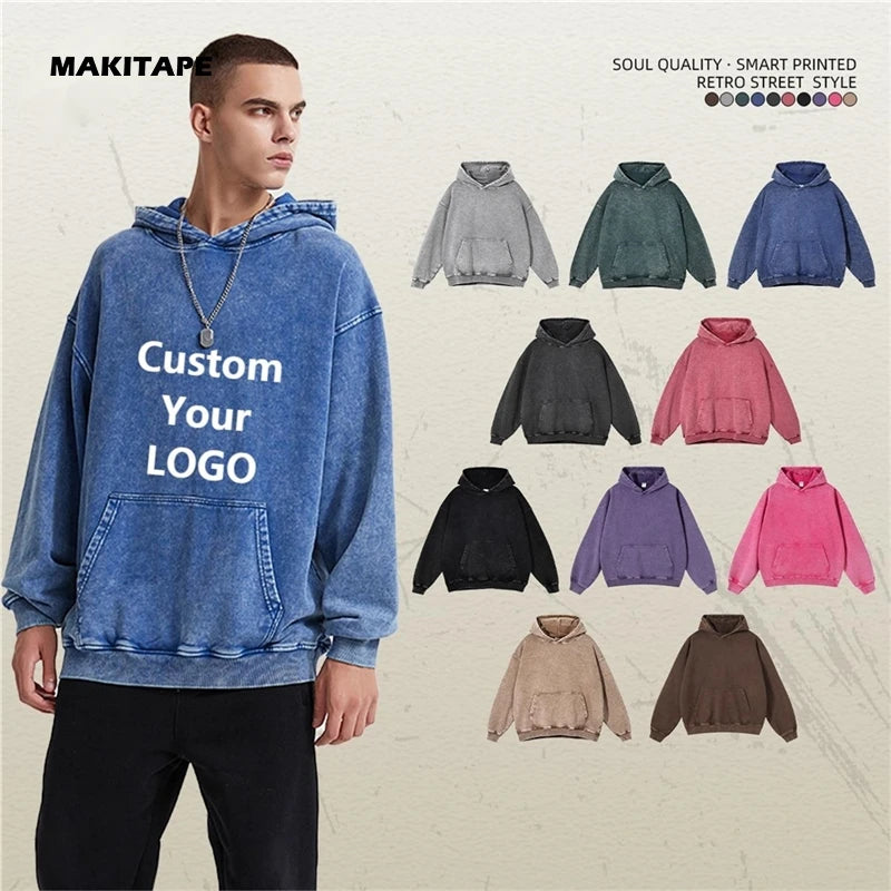 DQ420H Men's Vintage Stone Acid Washed Hoodie Custom 420Gsm Heavy Cotton Pullover 100% Cotton Bulk Oversized Blank Sweatshirt