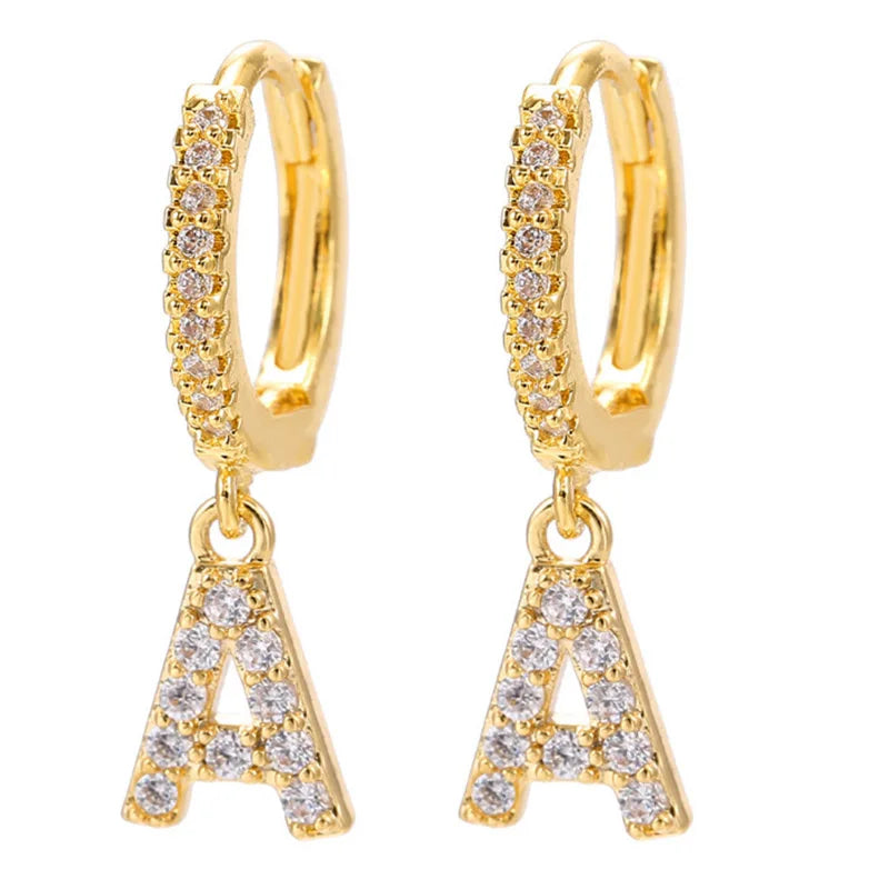Fashion European Hot Sell  Letter "A-Z" Initial Alphabet Charm Pendant Earrings Micro Pave Diamond Gold Plated Letter Earring