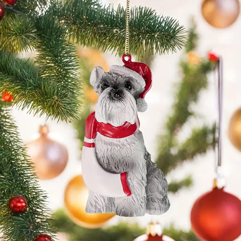 Christmas Schnauzer Resin Ornament with Red Santa Hat and Scarf Hanging Dog Figurine on Pine Branch for Holiday Tree Decor