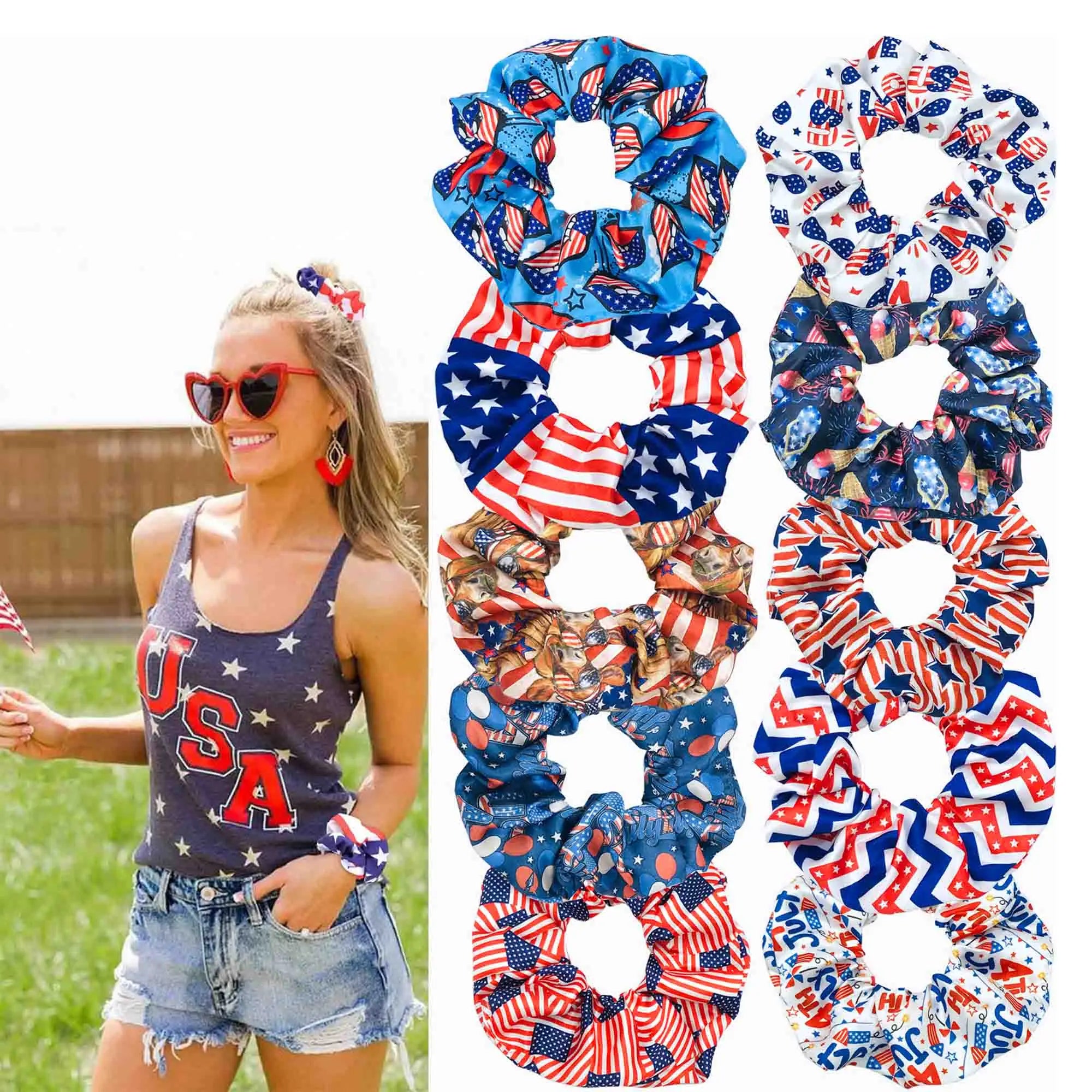 100pcs USA Flag Printed Hair Scrunchies Patriotic Scrunchies Wholesale Elastic Hair Bun Girls Ponytail Holder Headwear
