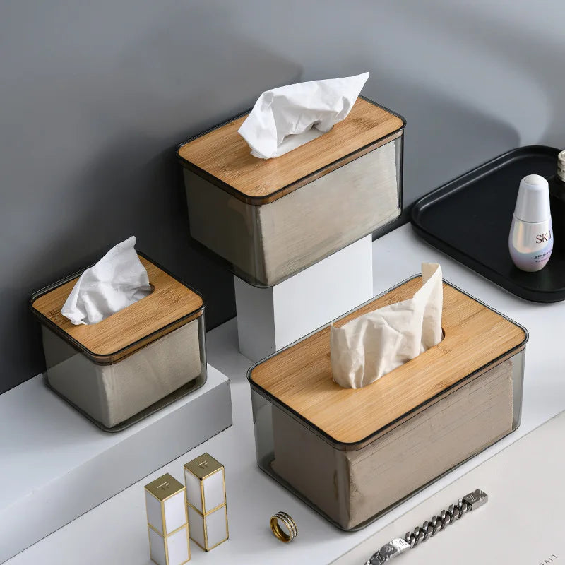 Bamboo Transparent Facial Tissue Dispenser Cover Holder Box for Living Room