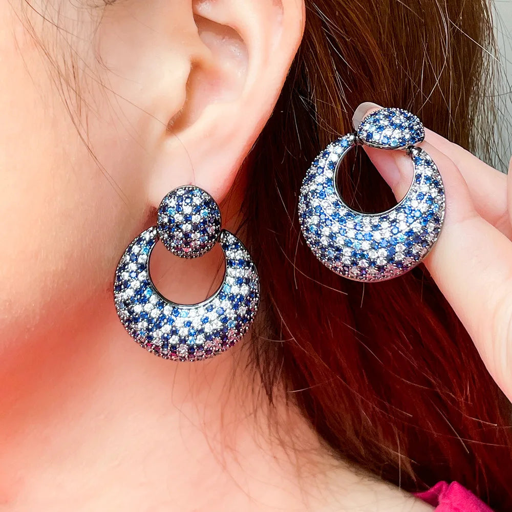 Trendy Brass Black Gun Plated Blue Cubic Zircon Luxury Oversize Bridal Party Wear Round Drop Earrings for Women Unique Jewelry