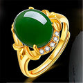 Ethnic Jewelry 18K Gold Plated Micro Pave Zirconia Cz Natural Jade Ring Adjustableemerald Green Agate Jade Opening Ring