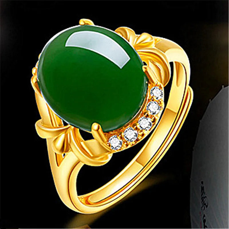 Ethnic Jewelry 18K Gold Plated Micro Pave Zirconia Cz Natural Jade Ring Adjustableemerald Green Agate Jade Opening Ring